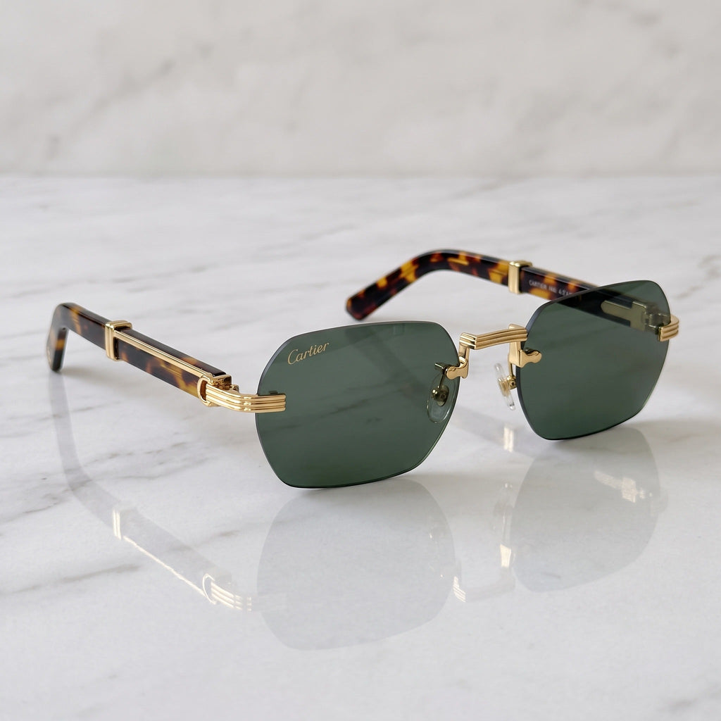 Rimless buffs Sunglasses Detroit style, solid green lenses, Cartier eyewear