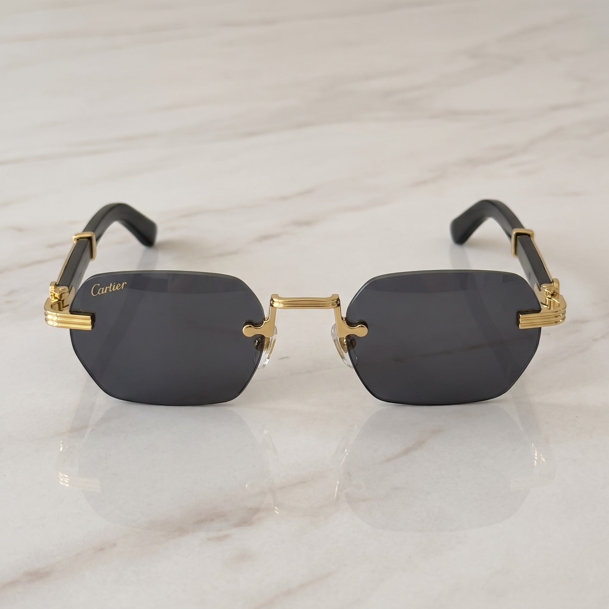 Rimless buffs Sunglasses Detroit style, solid grey lenses, Cartier eyewear