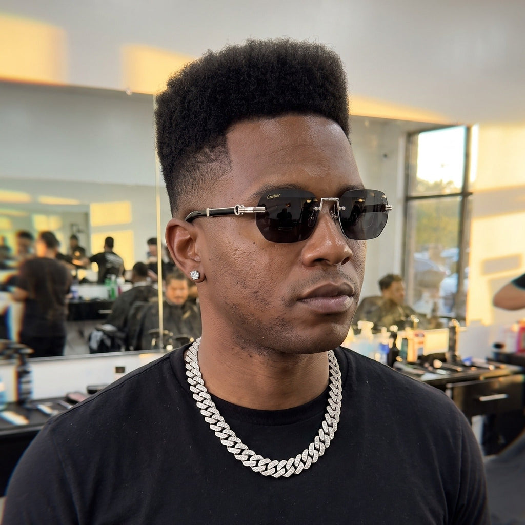 Man wearing the Rimless buffs Sunglasses Detroit style, solid grey lenses, Cartier eyewear