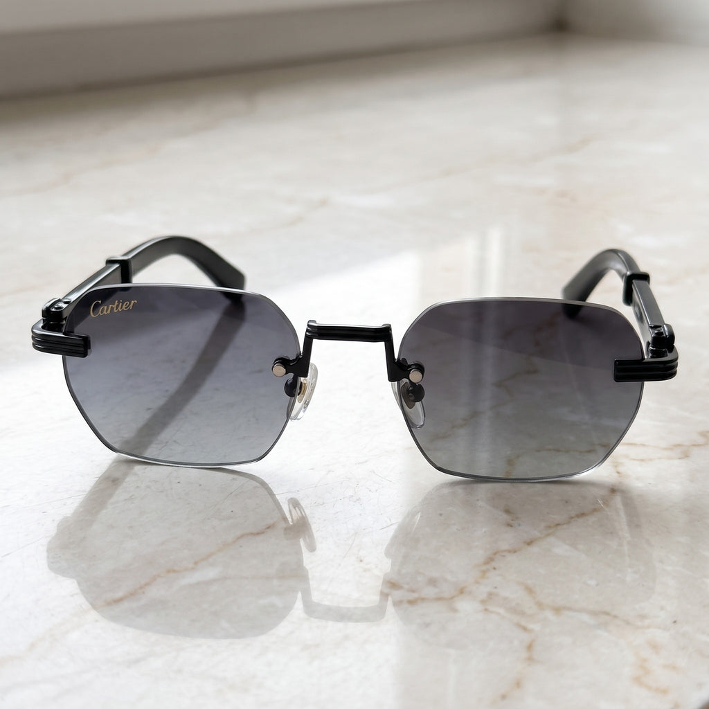 Rimless buffs Sunglasses Detroit style, grey gradient lenses, Cartier eyewear