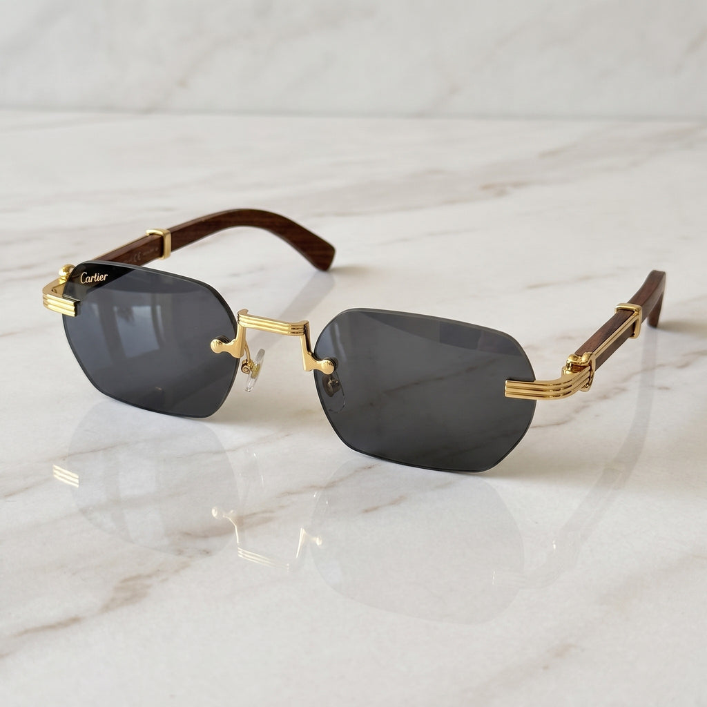 Rimless buffs Sunglasses Detroit style, solid grey lenses, Cartier eyewear