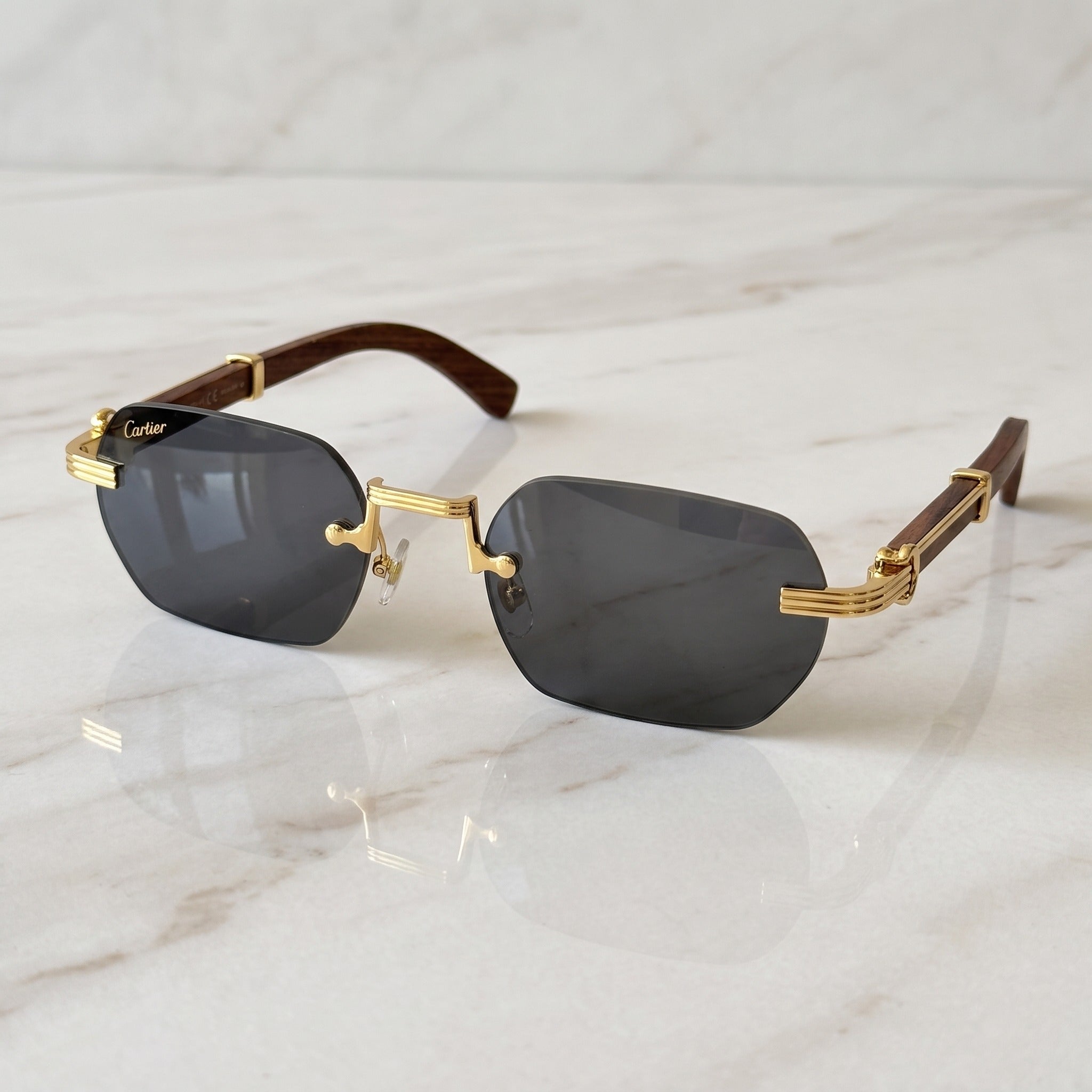Rimless buffs Sunglasses Detroit style, solid grey lenses, Cartier eyewear