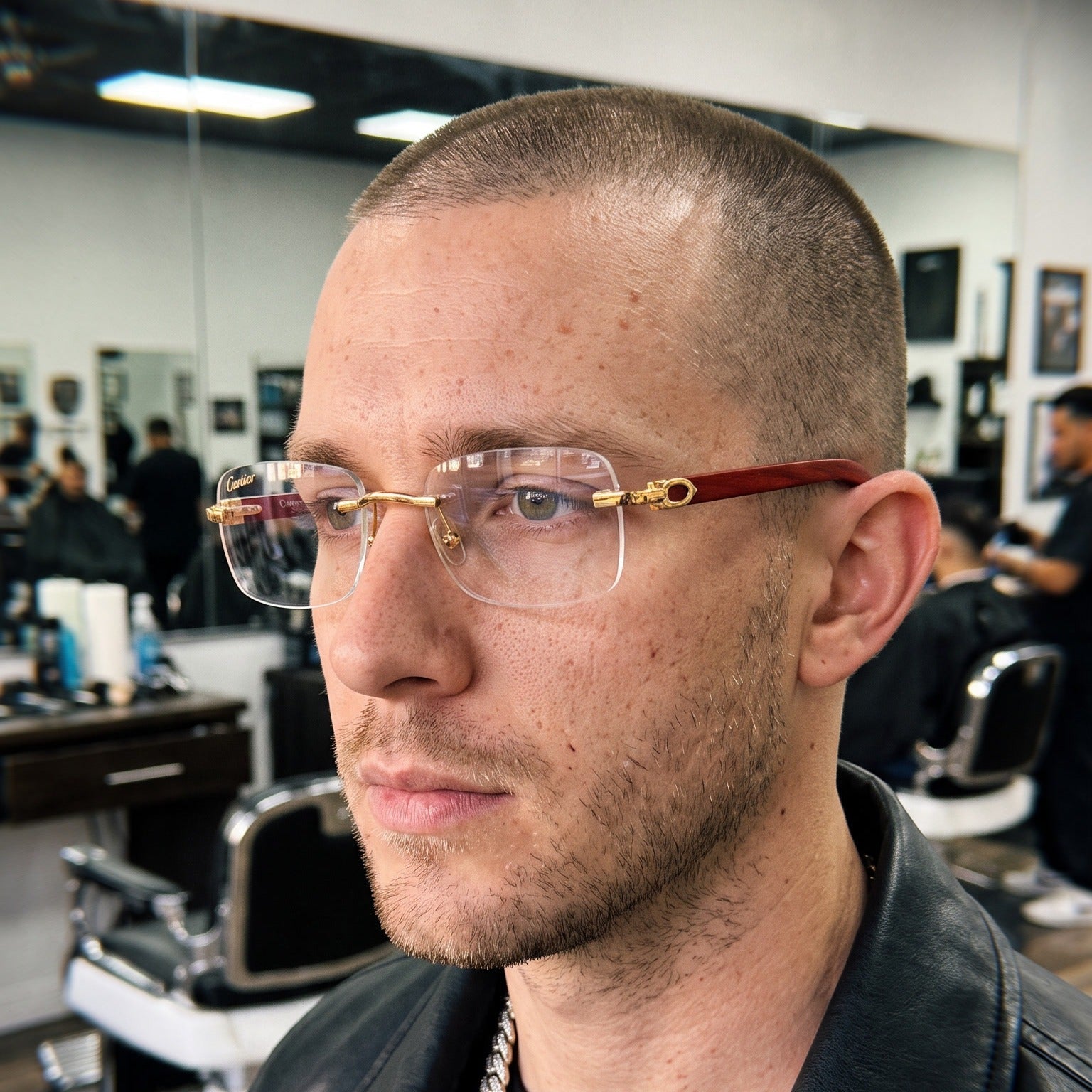Man wearing the Rimless buffs Glasses, clear lenses, Cartier eyewear