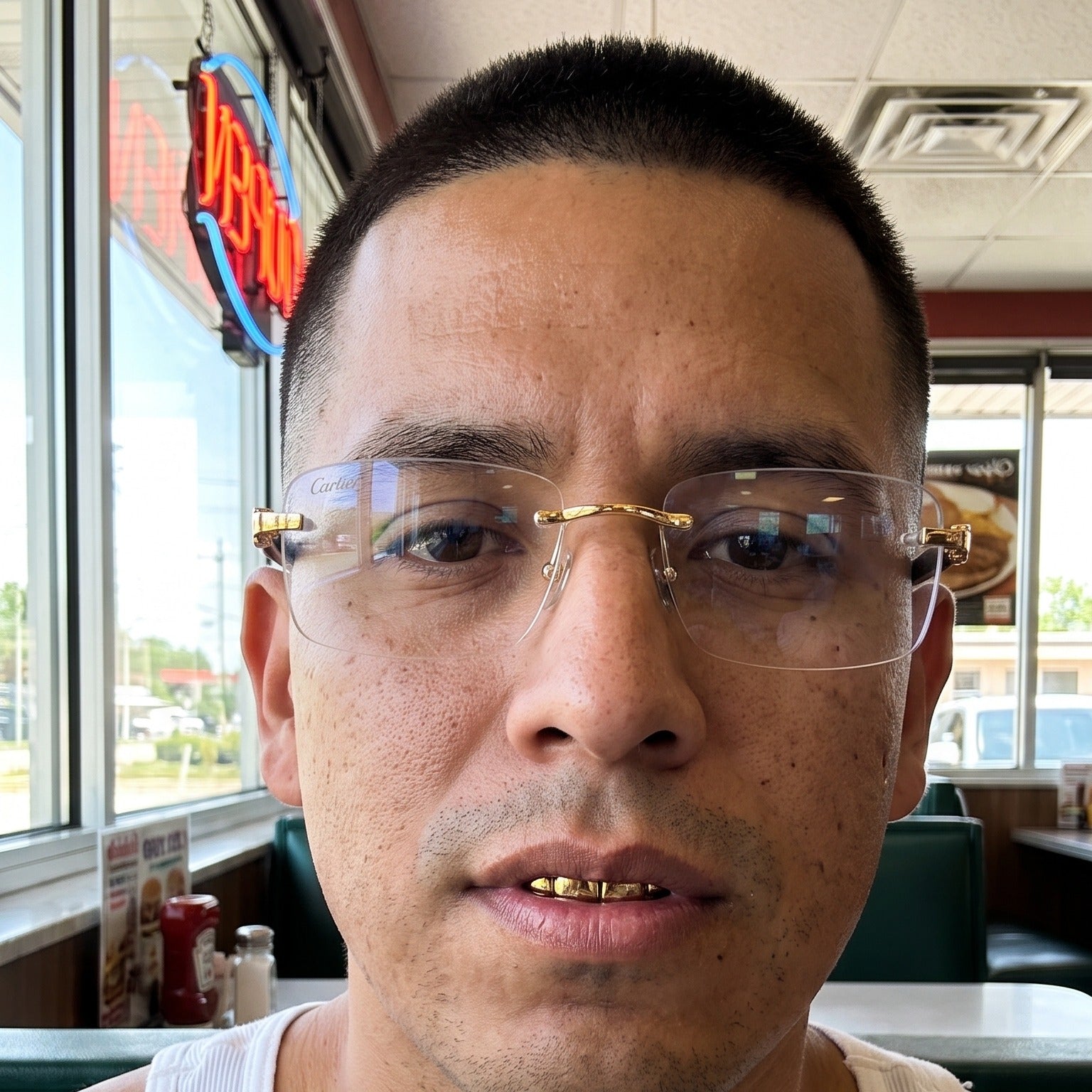 Man wearing the Rimless buffs Glasses, clear lenses, Cartier eyewear