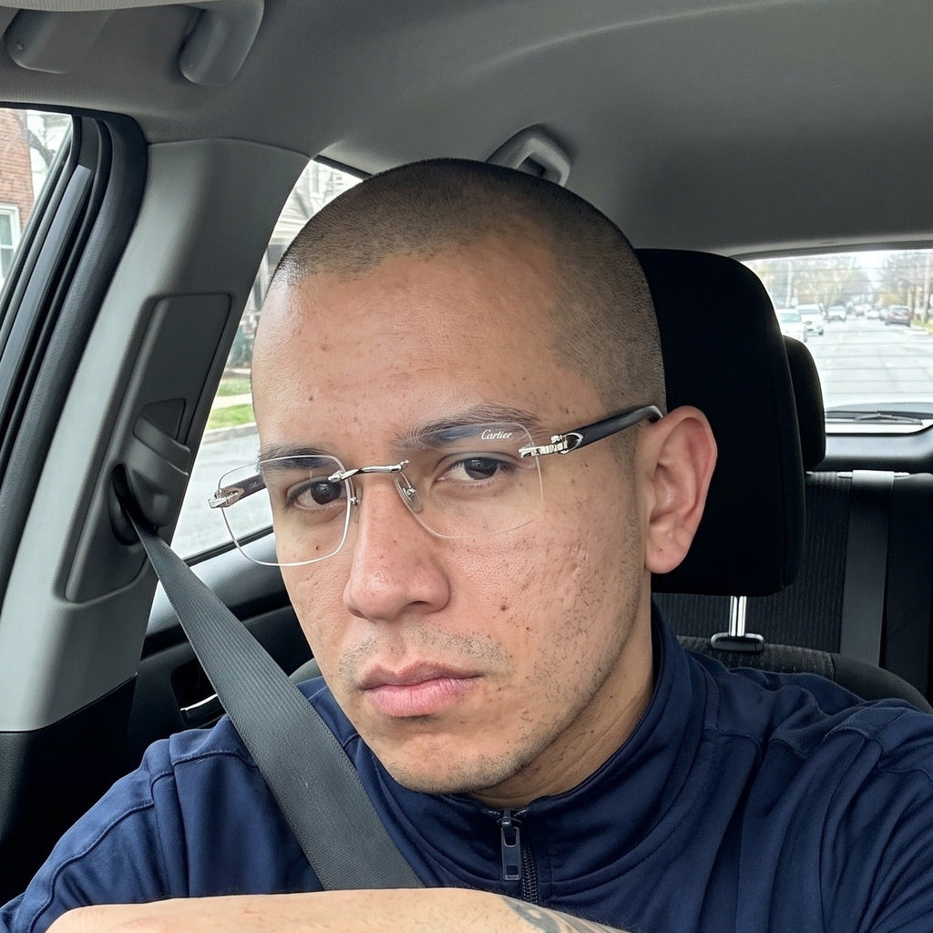 Man wearing the Rimless buffs Glasses, clear lenses, Cartier eyewear