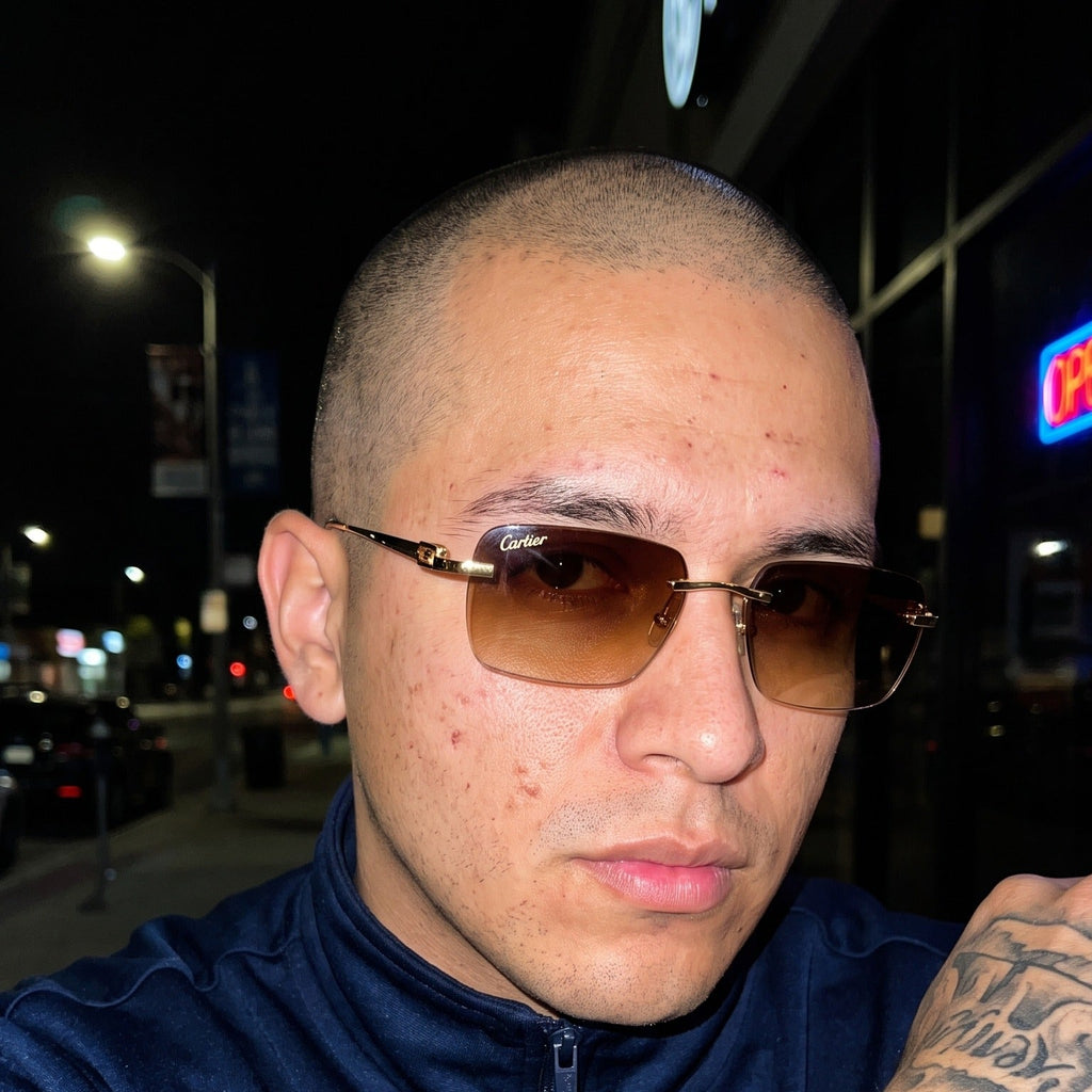 Man wearing the Big C Wires, brown gradient lenses, Cartier eyewear
