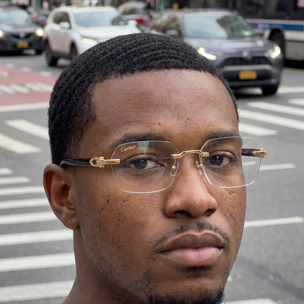 Man wearing the Rimless buffs Glasses, clear lenses, Cartier eyewear