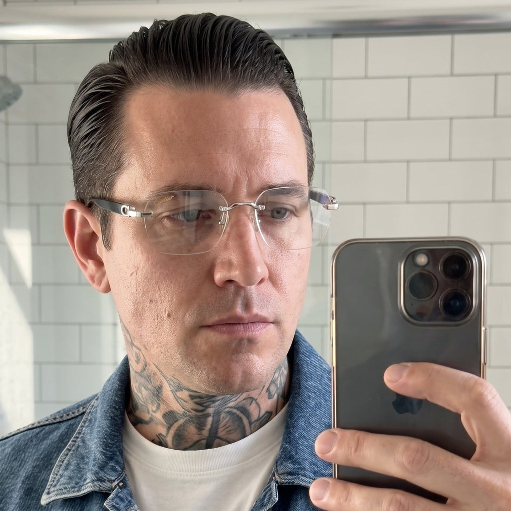 Man wearing the Rimless buffs Glasses, clear lenses, Cartier eyewear