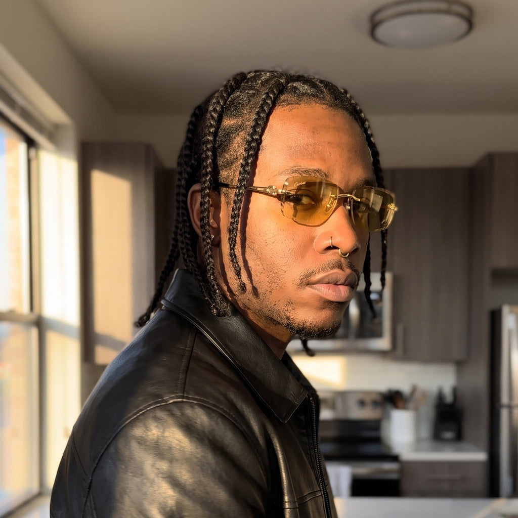 Man wearing the Diamond cut Big C Wires, yellow lenses, Cartier eyewear