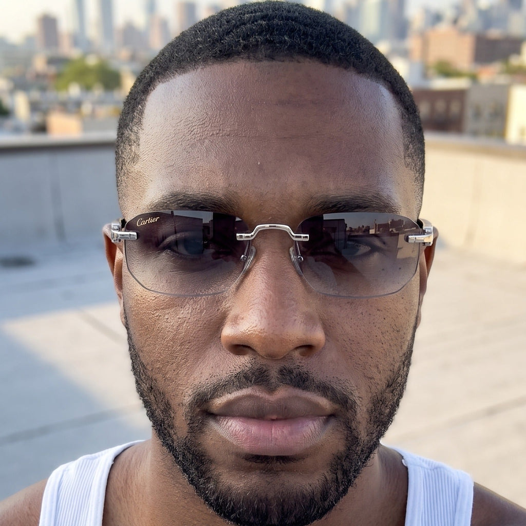 Man wearing the Black Buff Sunglasses, grey gradient lenses, Cartier eyewear