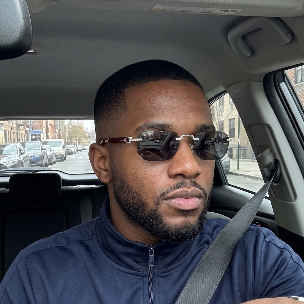 Man wearing the Rimless buffs Sunglasses, solid grey lenses, Cartier eyewear