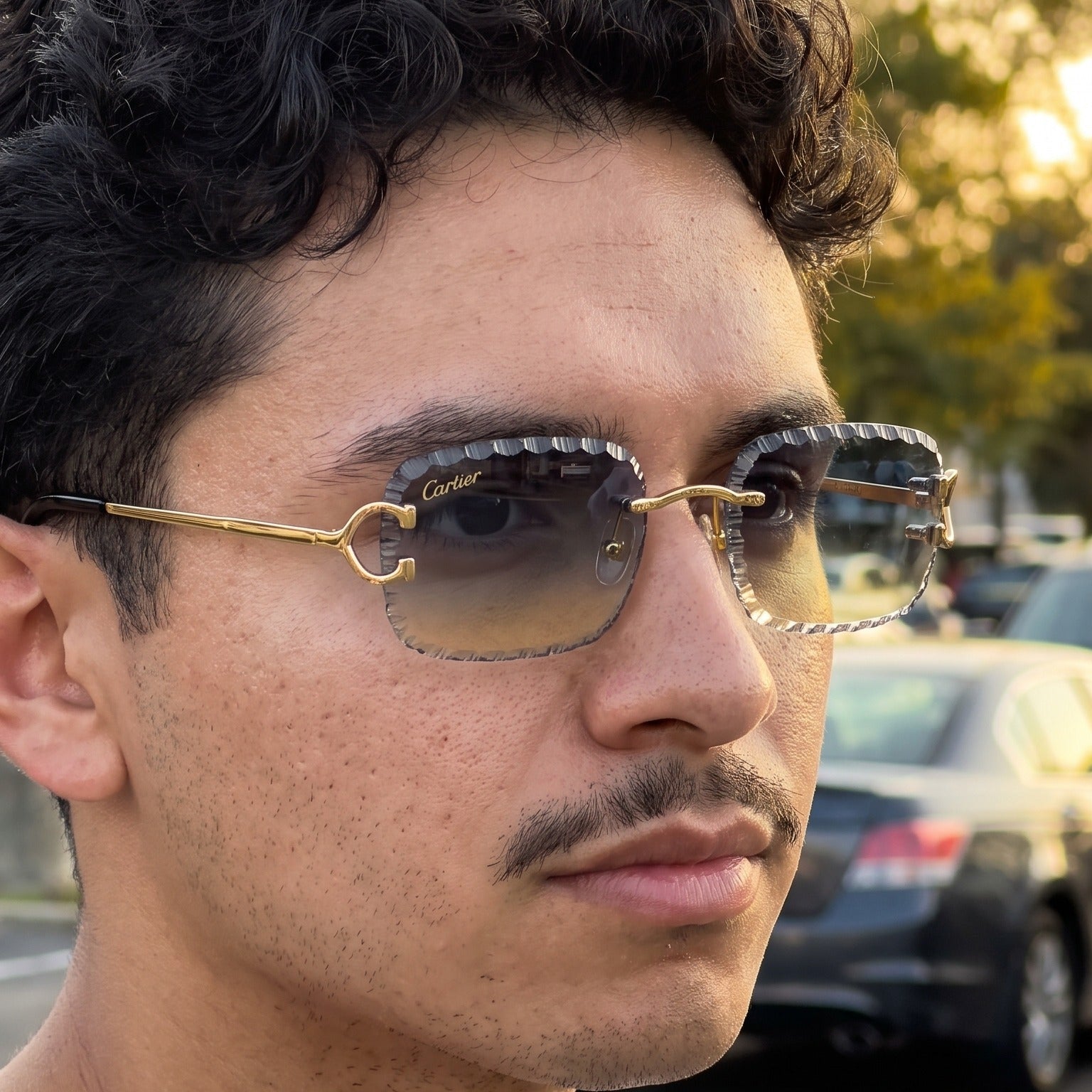 Man wearing the Iced out C wire glasses, blue to yellow gradient lenses, Cartier eyewear