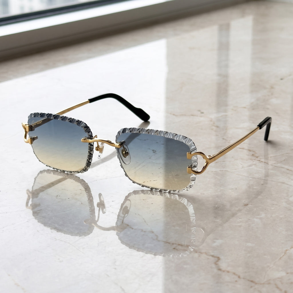 Iced out C wire glasses, blue to yellow gradient lenses, Cartier eyewear