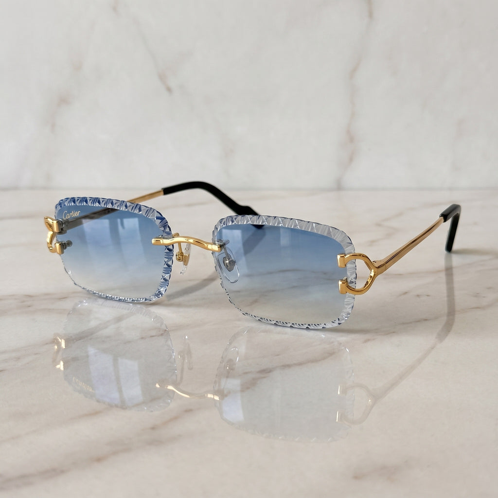 Iced out C wire glasses, blue gradient lenses, Cartier eyewear