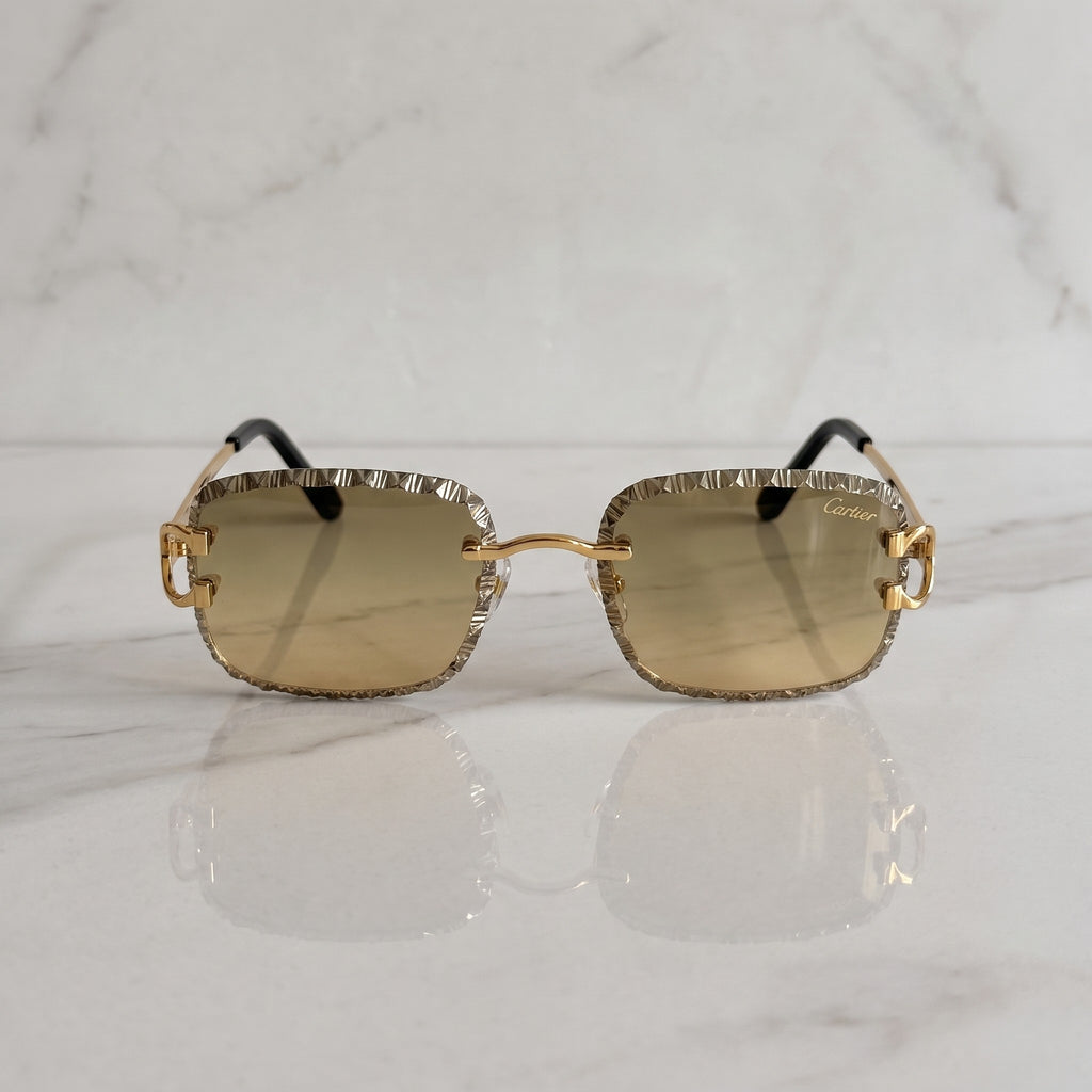 Iced out C wire glasses, yellow to green gradient lenses, Cartier eyewear