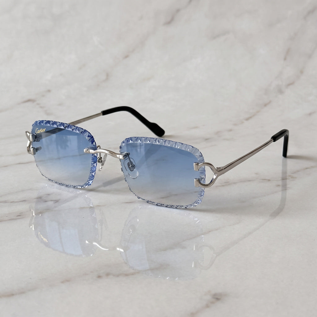 Iced out C wire glasses, blue gradient lenses, Cartier eyewear