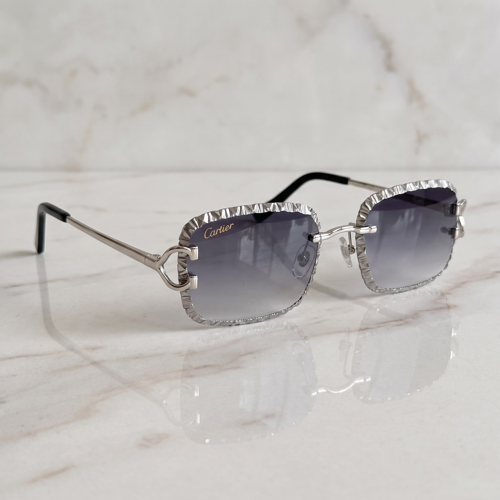 Iced out C wire glasses, grey gradient lenses, Cartier eyewear