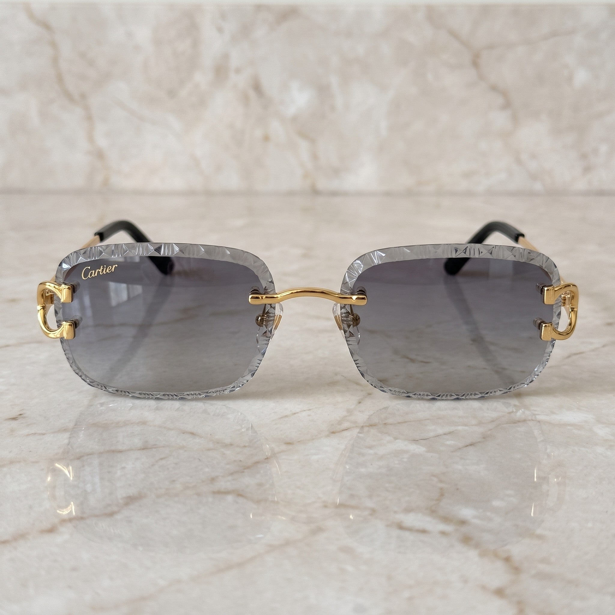 Iced out C wire glasses, grey gradient lenses, Cartier eyewear