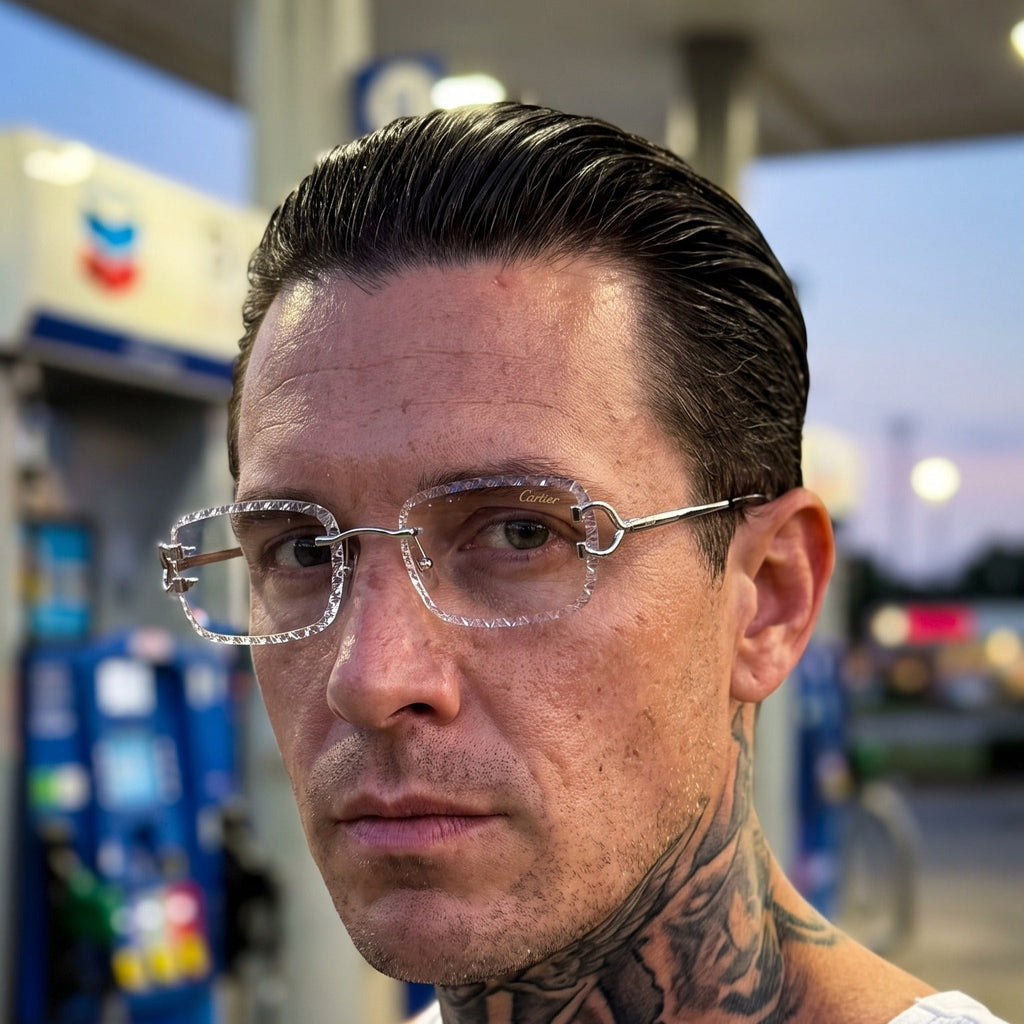 Man wearing the Iced out C wire glasses, clear lenses, Cartier eyewear