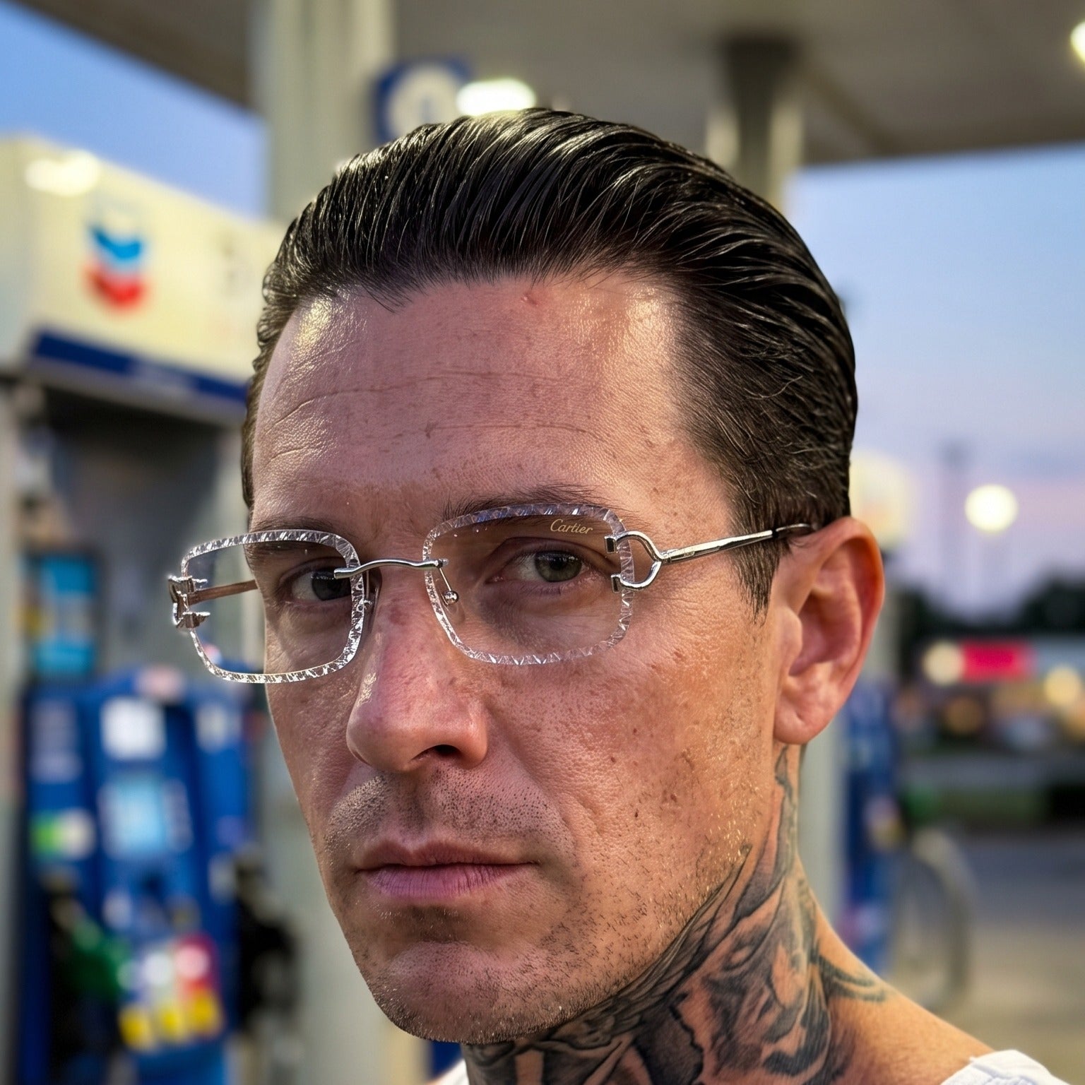 Man wearing the Iced out C wire glasses, clear lenses, Cartier eyewear
